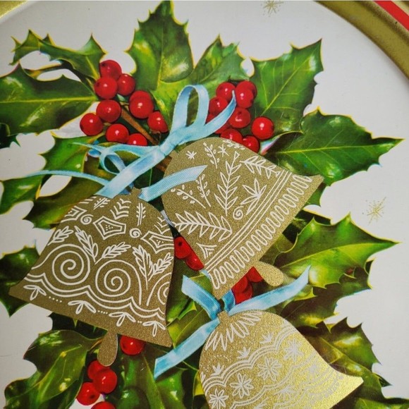 Christmas Serve Tray Tin Bells Starburst Holly Gold Vintage - Picture 2 of 6